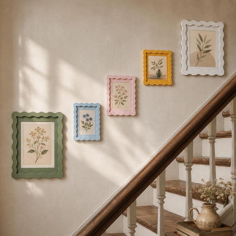 May include: Five rectangular wall frames with scalloped edges arranged in a diagonal pattern on a wall. The frames are colored green, light blue, pink, yellow, and white, each containing a botanical illustration of flowers or leaves on a beige background.