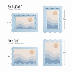 May include: Four light blue wavy-edged picture frames displaying abstract landscape art with a tan sun and blue waves. The frames are labeled to fit 3.5"x5" pictures with a mat and 4"x6" pictures without a mat, with dimensions clearly indicated.