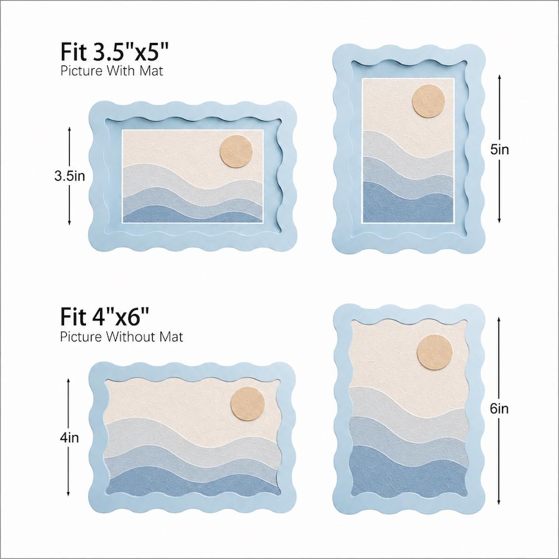 May include: Four light blue wavy-edged picture frames displaying abstract landscape art with a tan sun and blue waves. The frames are labeled to fit 3.5"x5" pictures with a mat and 4"x6" pictures without a mat, with dimensions clearly indicated.
