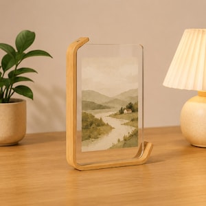 Natural Solid Wood Photo Frame | Clear Acrylic Floating Picture Display | Curved Tabletop Frame for Desk Shelf Home Decor