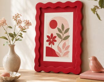 Red Scalloped Picture Frame, Wavy  Wood Photo Frame, Bold Matte Frame, Gallery Wall Decor Gift