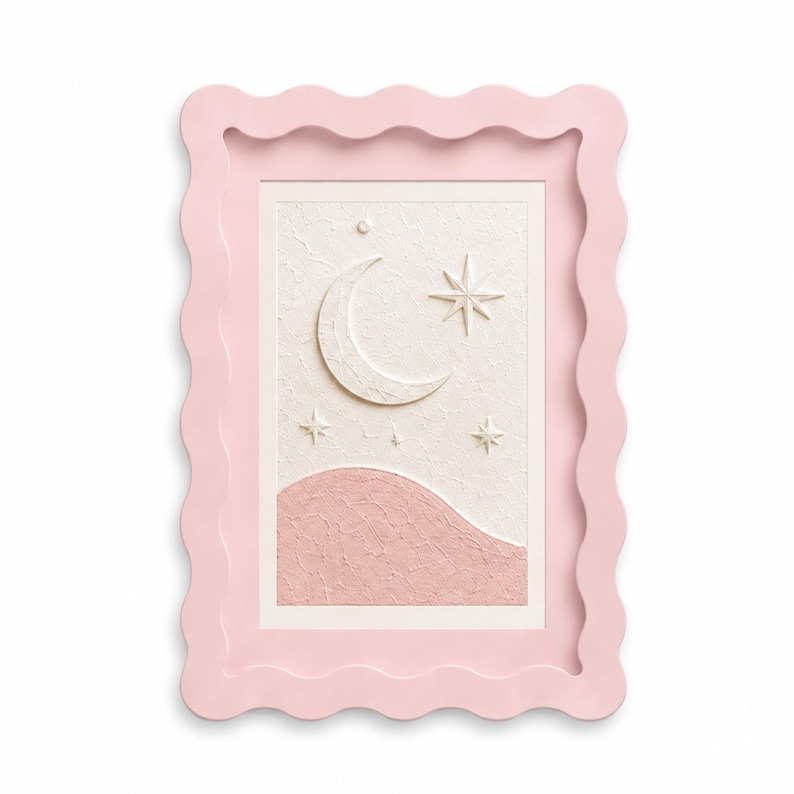 May include: A rectangular wall art piece featuring a textured white crescent moon and stars above a textured pink hill, all encased in a light pink wavy frame. The artwork displays a raised, tactile surface with a celestial theme in soft pastel tones.