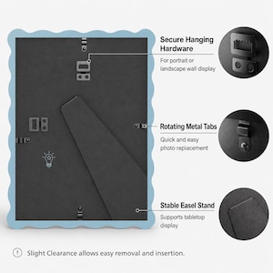 May include: A light blue scalloped picture frame back with a black backing, featuring secure hanging hardware for portrait or landscape display, rotating metal tabs for photo replacement, and a stable easel stand for tabletop use with slight clearance.
