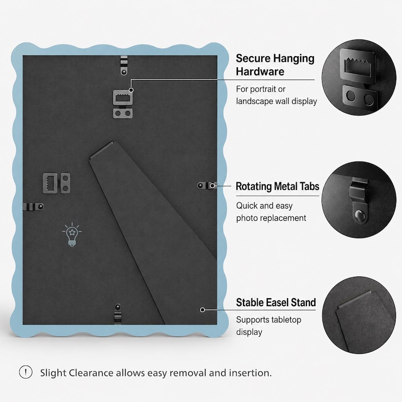 May include: A light blue scalloped picture frame back with a black backing, featuring secure hanging hardware for portrait or landscape display, rotating metal tabs for photo replacement, and a stable easel stand for tabletop use with slight clearance.