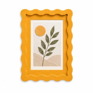 May include: A rectangular wall art piece featuring a mustard yellow wavy frame. The artwork displays a textured white background with a raised yellow circle, a green leafy branch, and two beige landscape sections with distinct vertical and smooth textures.