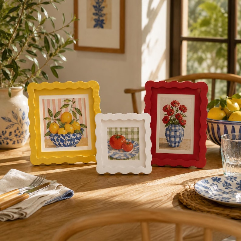 May include: Three scalloped picture frames in yellow, white, and red, each displaying a different botanical or food-themed print. The yellow frame holds a lemon illustration, the white frame shows tomatoes, and the red frame features red flowers.