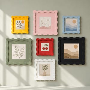 Colorful Wavy Picture Frame, 4x4 6x6 8x8 Scalloped Wood Photo Frame with Mat, Eclectic Home Decor, Housewarming or Wedding Gift
