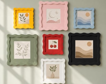 Colorful Wavy Picture Frame, 4x4 6x6 8x8 Scalloped Wood Photo Frame with Mat, Eclectic Home Decor, Housewarming or Wedding Gift
