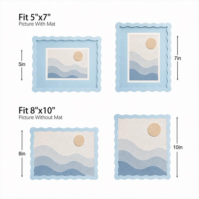 May include: Four light blue scalloped picture frames displaying abstract wave and sun art. The top row shows frames for 5-inch by 7-inch pictures with mats. The bottom row shows frames for 8-inch by 10-inch pictures without mats, with dimensions clearly labeled.
