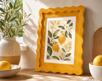 Yellow Wavy Picture Frame, Scalloped Wood Photo Frame, Sunny Desk Frame, Kids Room Wall Decor Gift