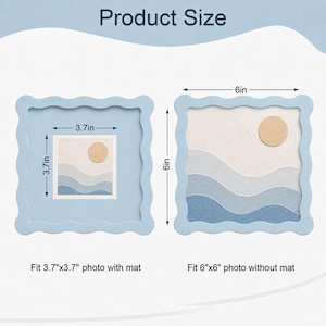 May include: Two light blue square picture frames with wavy edges. The left frame includes a mat for a 3.7-inch by 3.7-inch photo. The right frame fits a 6-inch by 6-inch photo. Both frames contain a paper art insert showing a sun over blue waves.