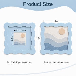 May include: Two light blue square frames with wavy edges. The left frame shows a 2.2in by 2.2in inner area for photos with a mat. The right frame shows a 4in by 4in inner area for photos without a mat. Both frames contain a landscape art print.