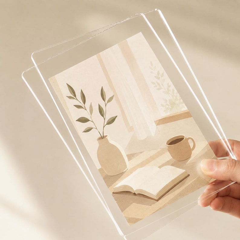 K&ouml;nnte beinhalten: Ein klarer Acrylrahmen mit einem rechteckigen Druck, der eine beigefarbene Illustration einer Vase mit belaubten Zweigen, einer Kaffeetasse und einem aufgeschlagenen Buch auf einem Tisch zeigt. Das Bild verwendet weiche, neutrale Farbt&ouml;ne.