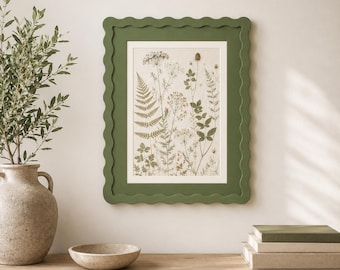 Sage Green Wavy Picture Frame, Scalloped Wood Photo Frame, Cottagecore Wall Decor, Botanical Art Frame Gift