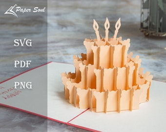 Birthday cake pop-up card template |  3D papercut SVG | birthday card cut file | DIY pop up card | Paper cutting pattern