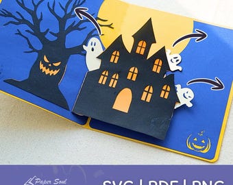 Halloween interactive card Template: Haunted House, Peeking Ghosts (Digital Download) | Beginner Friendly Craft