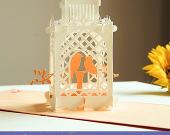 Szablon karty pop-up klatka dla ptaków | Szablon ręcznie robionej karty urodzinowej, DIY pop-up karty, szablon wycinanki | Szablon karty 3D