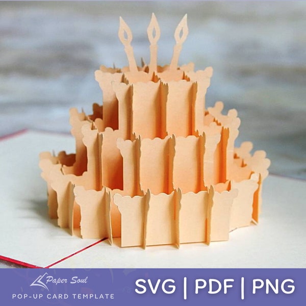 Modèle de carte pop-up de gâteau d'anniversaire | Coupe de papier 3D SVG | fichier de coupe de carte d’anniversaire | Carte pop-up DIY | Patron de découpe de papier