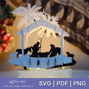 Presepe 3D SVG / presepe SVG / silhouette della Natività / 3D Natale SVG / luce del presepe / presepe pop-up