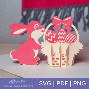 Modelo de cartão pop-up de Páscoa | Coelho com o modelo de cartão pop-up da cesta | Páscoa pop-up svg | Artesanato em papel 3D | Artesanato de alma de papel