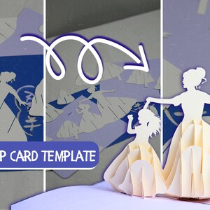 May include: A white pop-up card template featuring a mother and daughter dancing. The template is designed to be cut out and assembled into a 3D pop-up card.