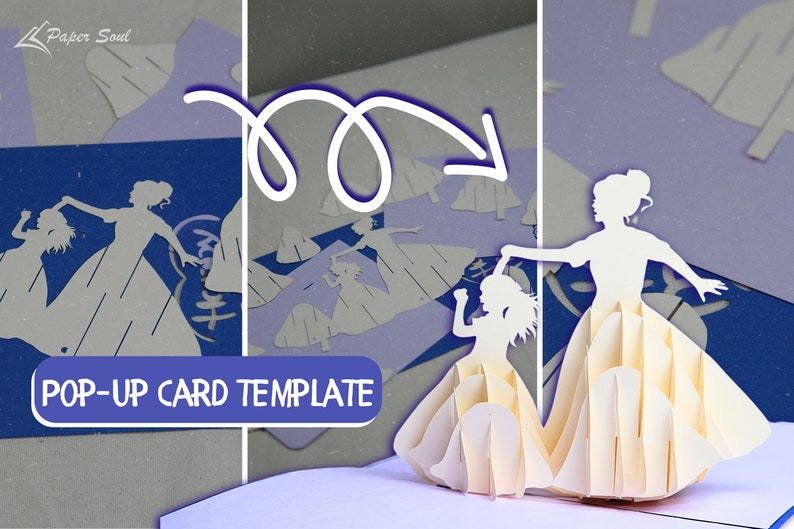 May include: A white pop-up card template featuring a mother and daughter dancing. The template is designed to be cut out and assembled into a 3D pop-up card.