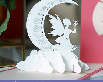 Carte pop-up SVG : fée sur la lune | carte pop-up bricolage | Modèle de carte de voeux 3D | Fichiers SVG pour cricut | Pop-up 3D SVG | svg découpé en papier