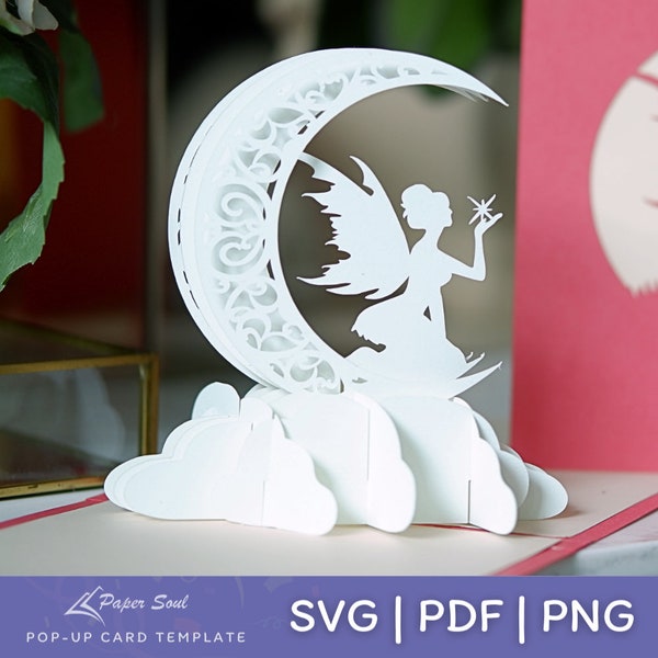 Pop Up Karte SVG: Fee auf dem Mond | diy Pop Up Karte | 3D Grußkartenvorlage | SVG-Dateien für Cricut | 3D pop-up SVG | Scherenschnitt svg