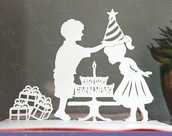 Happy birthday pop up card for children template | 3D papercut SVG | birthday card cut file | DIY pop up card | Paper cutting pattern