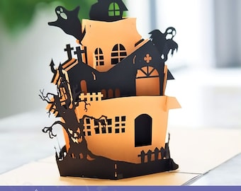 May include: A 3D pop-up card template of a haunted house with a spooky tree, ghosts, and bats. The card is made of orange and black paper and is perfect for Halloween.