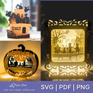 Set di 3 pop-up halloween 3d in formato SVG: Halloween Shadowbox in formato SVG, zucca di Halloween in formato SVG, casa stregata file in formato SVG / Halloween pop-up card in formato SVG