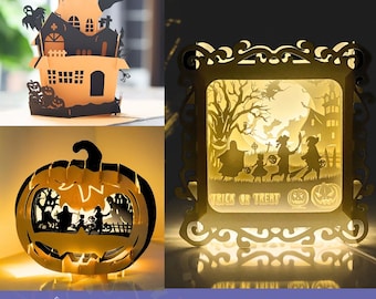 3 個セットのポップアップ ハロウィーン 3D SVG: ハロウィーン シャドーボックス SVG、ハロウィーン カボチャ SVG、お化け屋敷 SVG ファイル | ハロウィーン ポップアップ カード SVG