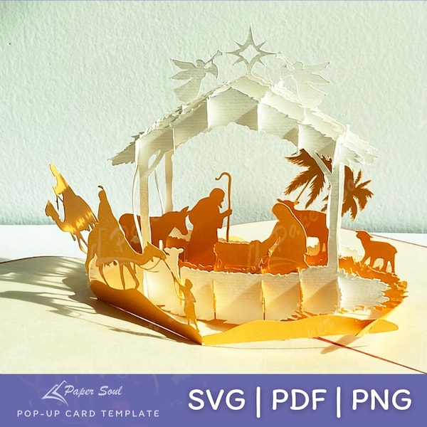 Pop-up Kerstkaart SVG | 3D kerststal SVG | Pop-up kerstkaartsjabloon | Kerstkaart SVG | papier snijden svg