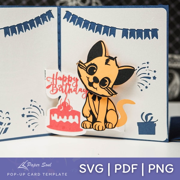Katze mit Geburtstagstorte Pop Up Kartenvorlage | DIY Geschenk für Katzenliebhaber | Katzen Pop Up Karte | Pop Up Geburtstagskarte svg | Pop Up Karte svg