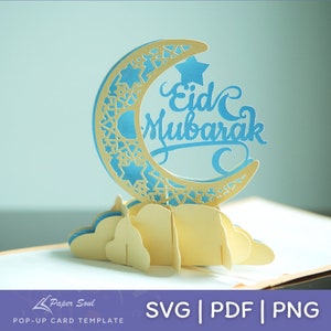 Eid Mubarak pop-up kaartsjabloon, eid mubarak SVG, 3D Paper Cut Template, Pop Up Card Digital, eid mubarak kaart digitale download