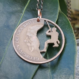 Ascending King George V face Rock Climbing - Hand Cut Bronze One Penny Coin Pendant Necklace
