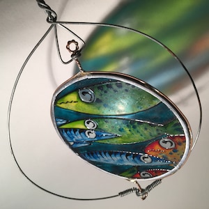 Handmade and Handpainted Upcycled Glass Spinner Fish Hanging Suncatcher