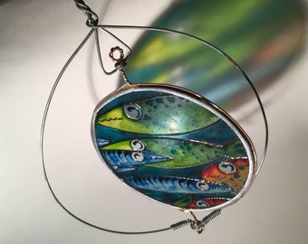 Handmade and Handpainted Upcycled Glass Spinner Fish Hanging Suncatcher