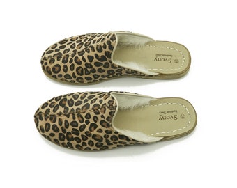 Leopar Color Sheepskin Shearling Men Slippers - Leather Slippers - Flat Slipper - Leather Sandals