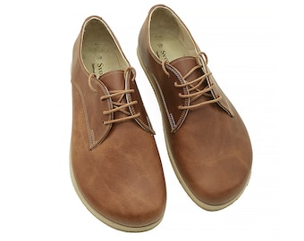 Men's Tan Leather Oxford Shoes: Handmade Zero Drop Barefoot Shoes