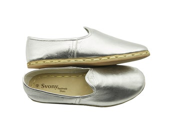 Silver Leather Yemeni Shoes: Turkish Handmade Flats