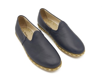 Zapatos azul oscuro para hombre hechos a mano, yemeníes de cuero genuino, sin cordones, regalo para el Día del Padre.