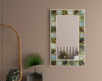 Handmade Tile Mirror: Bohemian Stone Wall Hanging Decor
