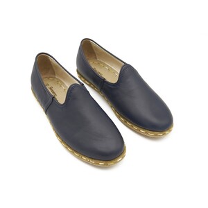 Handmade Men&#39;s Dark Blue Color Shoes, Genuine Leather Yemeni Shoes, Leather Slip Ons, Fathers Day Gift
