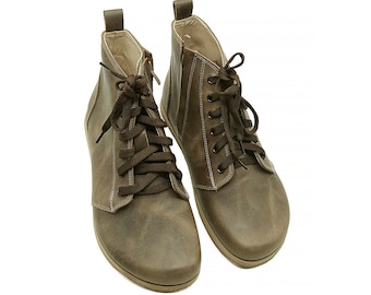 Men Zero Drop Short Boots, Mink Color Leather Barefoot, Leather Insole Shoes