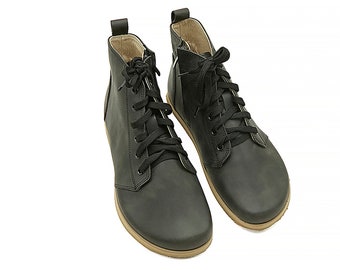 Women Wider Zipper and Laces Short Boots | Women Barefoot Boots | Wide Toe Box Boots | Gray Leather Handmade Shoes