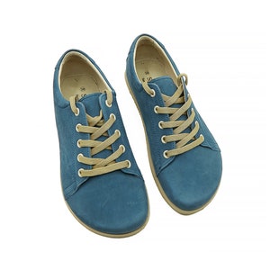 Men Zero Drop Sneaker Shoes, Blue Color Nubuck Leather Barefoot, Leather Insole Shoes