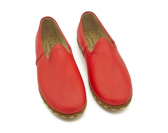 Women's Red Handmade Leather Shoes, Traditional Yemeni Shoes, Turkish Shoes, Genuine Leather Shoes, Leather Loafer