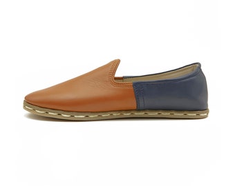 Men's Handmade Leather Slip-On Shoes: Navy Blue & Tan