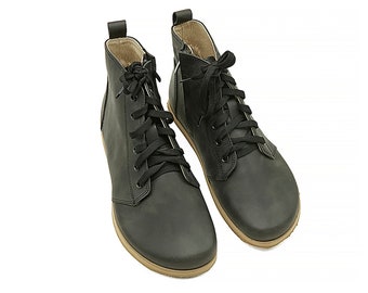 Men Zero Drop Short Boots, Black Color Leather Barefoot, Leather Insole Shoes
